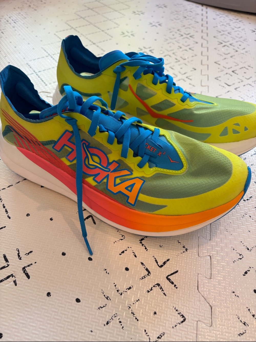 Hoka Neon Yellow & Blue Rocket X2 Running Shoes with Orange Accent